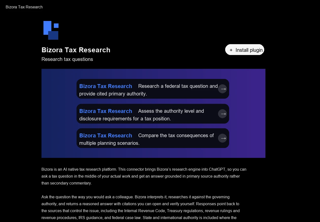 ChatGPT Bizora Tax Research plugin page