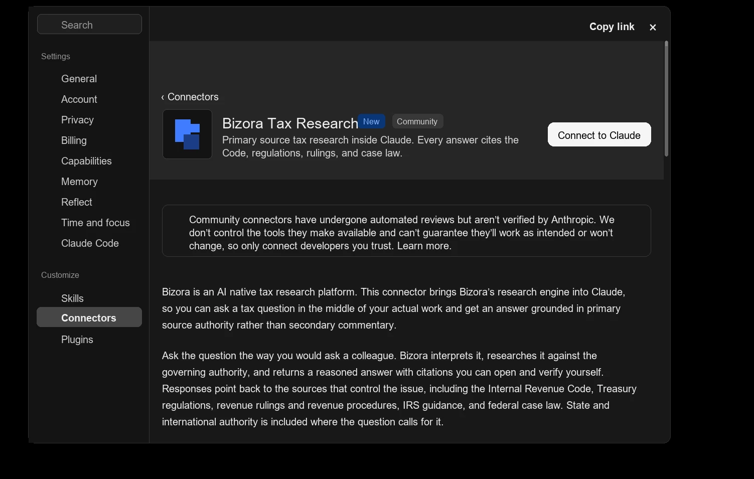 Claude Bizora Tax Research connector page