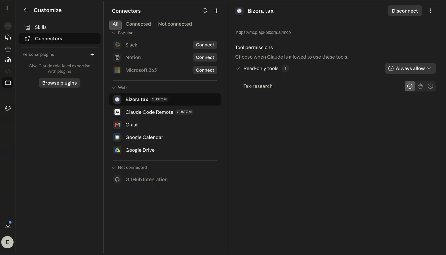 Claude connector success screen for Bizora Tax
