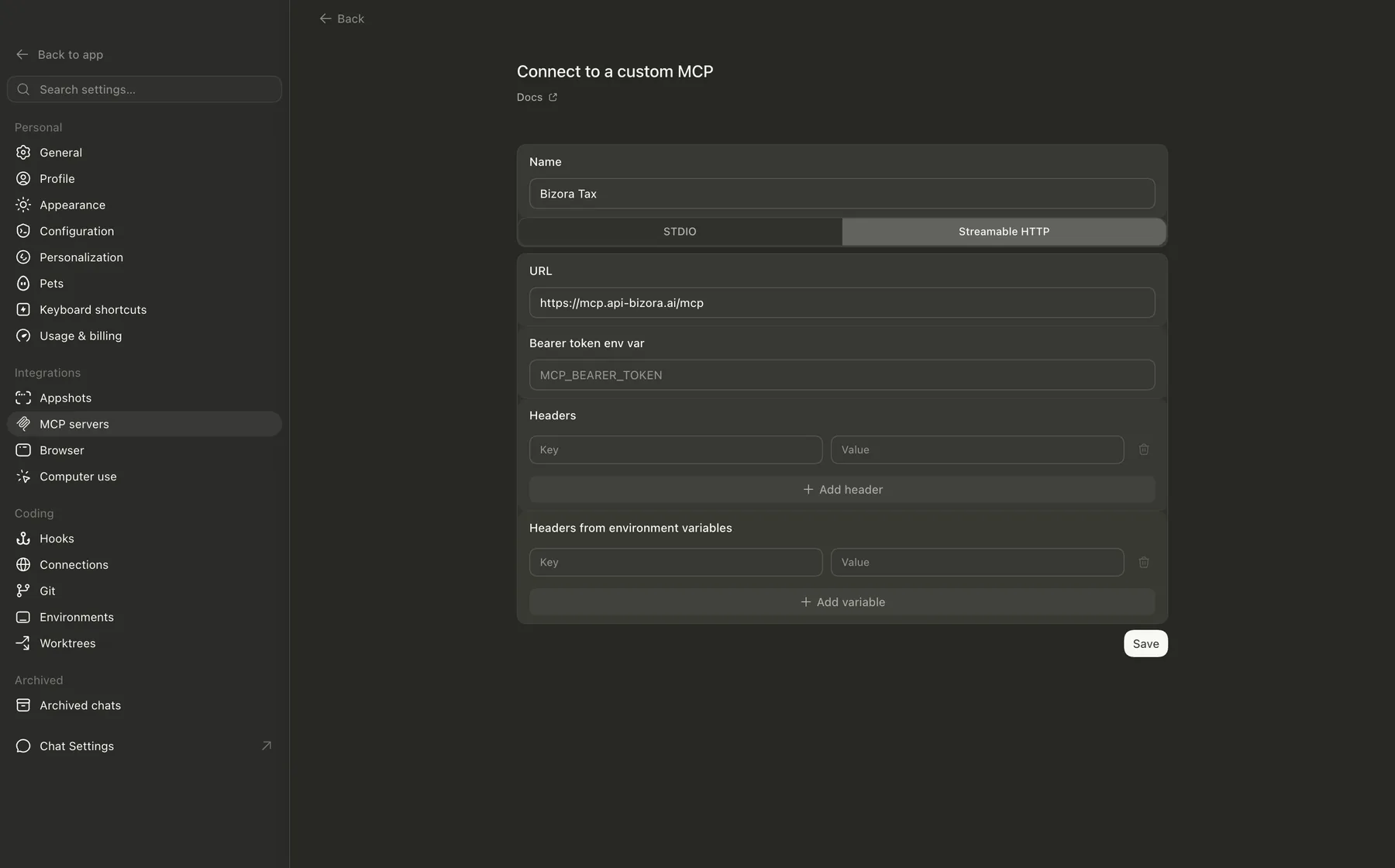 Codex custom MCP server form using the production Bizora MCP URL