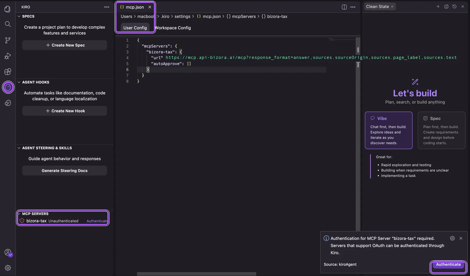 Kiro MCP server configuration and authentication prompt